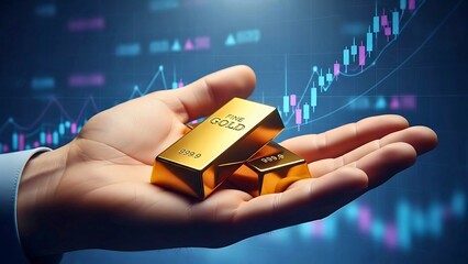 Businessman holding gold bars as a safe haven investment with a bullish stock market chart showing financial growth and profit.