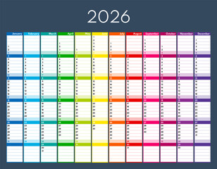 2026 12 months vertical colorful planner, whole year blank calendar template, english month names, saturday sunday two weekends, dark gray background, annual scheduler