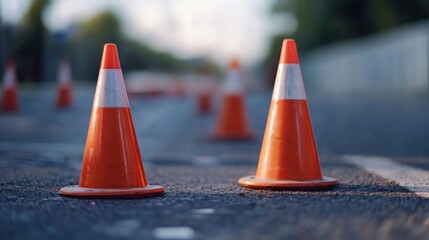 Two orange traffic cones on a road with blurred trees in the background.