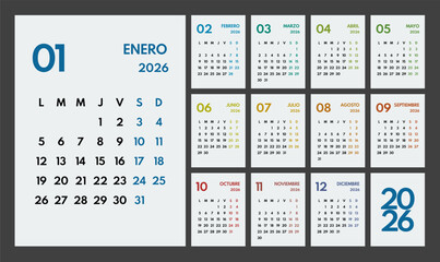 2026 year monthly office planner, calendar starts monday, two colorful weekends, white background, spanish months name