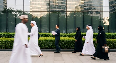 Diverse professionals in traditional and modern attire walk briskly past a modern glass building, showcasing a blend of cultures and business styles in a global city.