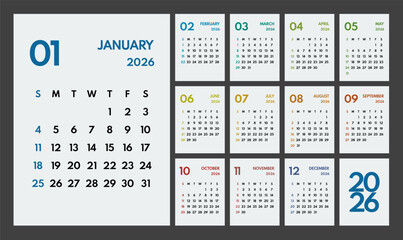 2026 year monthly office planner, calendar starts sunday, colorful weekends, white background