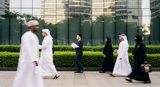 Diverse professionals in traditional and modern attire walk briskly past a modern glass building, showcasing a blend of cultures and business styles in a global city. - Powered by Adobe