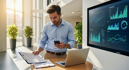 A focused businessman reviews documents and uses his phone while working in a modern with data visualizations displayed on a large screen.