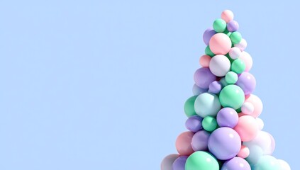 Pastel Sphere Stack. Stack of pastel-colored spheres in green, purple, pink, and white, forming an abstract triangular shape against a soft blue background with empty space for text