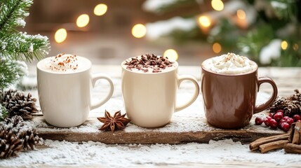 Three mugs of hot chocolate with whipped cream and chocolate chips on a wooden table with a Christmas tree in the background.