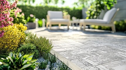 A serene garden scene with a patio, flowers, and a couple of white chairs.