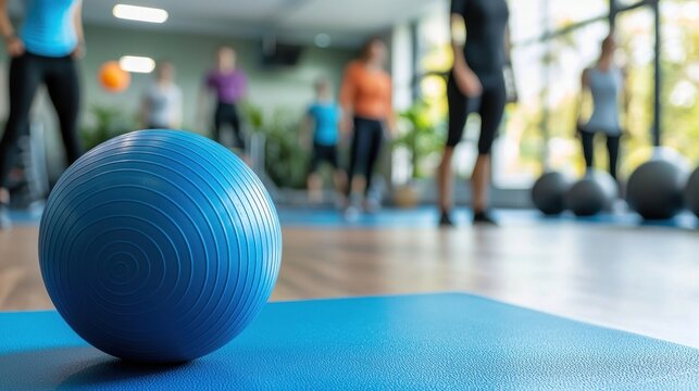 A blue exercise ball on a blue yoga mat in a gym with people in the background.