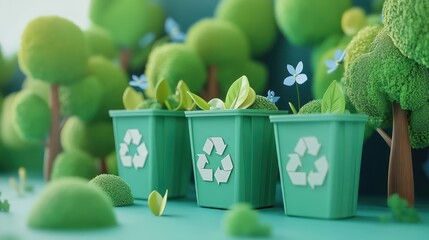 Green recycling bins, lush forest backdrop, eco-friendly concept, environmental campaign