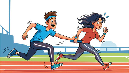 Cartoon Relay Race: Smiling Male Runner Passing Baton to Surprised Female Teammate