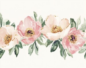 Delicate watercolor peony blooms with loose brushstrokes and gold ink embellishments are arranged in a vintage botanical border on cream paper.