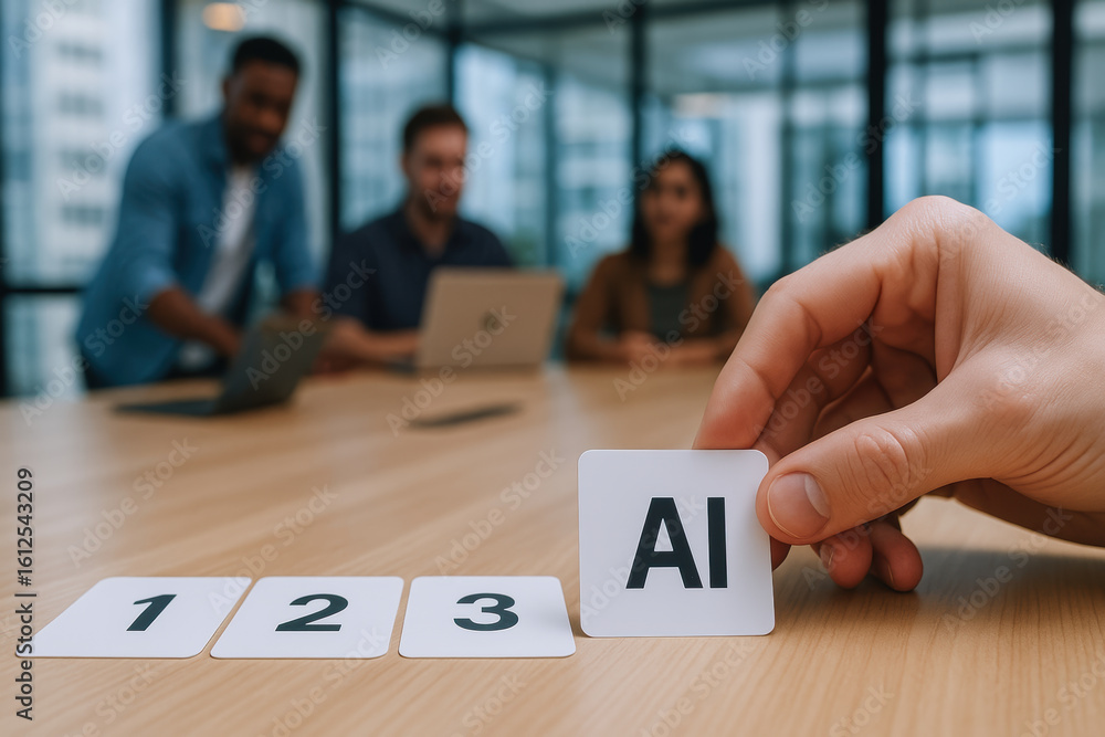 Poster ai software developer collaboration concept with hand holding ai card and team working on laptop in 