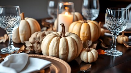 autumn table setting with pumpkins, candlelight, crystal glassware on a dark wood table