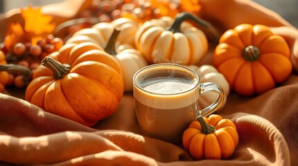 A steaming latte nestled amongst vibrant orange and white pumpkins on a soft brown fabric with sunlight in the back