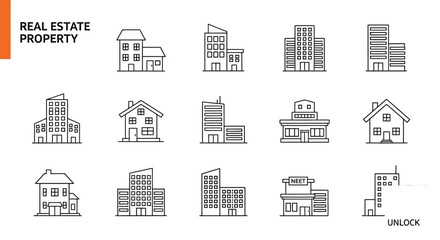 Real Estate and Property Icons Set Featuring Various Building Styles and Architectural Designs in Simple Line Art