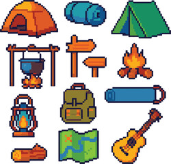 camping pixel art, eps 10 illustration