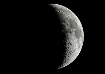 Naklejka premium Detailed view of the Moon's surface revealing craters and textures against a dark, starry sky for science and space