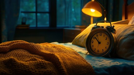 Nighttime alarm clock on bed, rain outside, cozy bedroom, sleep