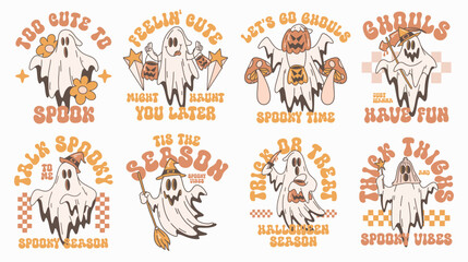 Cute Ghost Retro Halloween Bundle, Spooky Halloween Graphic Collection for T-shirt and Print, Hippie Halloween Set