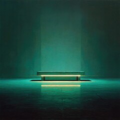 A low, rectangular bench illuminates a dimly lit, teal room with a subtle, glowing light beneath it, reflecting on a smooth floor