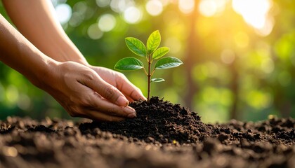 Tender hands carefully plant a young sapling in rich soil, bathed in warm sunlight.