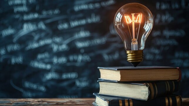A light bulb with a glowing filament on a stack of books against a blackboard background. - Powered by Adobe