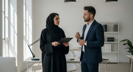 A businesswoman in traditional attire and a male colleague discuss documents in a modern setting.