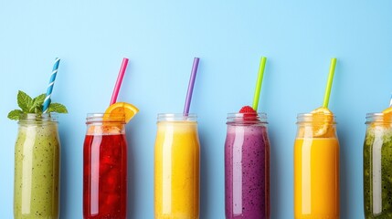 A vibrant display of colorful smoothies with straws on a blue background.