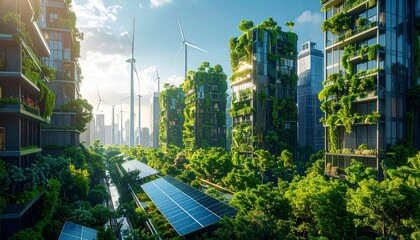 Eco-friendly cityscape: Lush green buildings, solar panels, and wind turbines showcase a sustainable urban future.