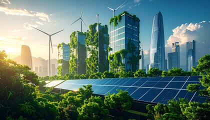 Futuristic city with buildings covered in greenery, solar panels, and wind turbines, showcasing sustainable energy and urban development.