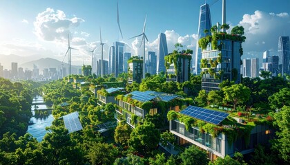 A futuristic, eco-friendly city skyline blends seamlessly with lush nature, showcasing sustainable architecture and renewable energy sources.