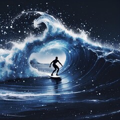 A cosmic surfer gliding on cosmic waves surrounded by energy and stars.