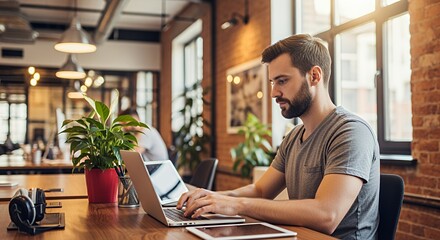 A focused young man works diligently on his laptop in a modern, vibrant co-working space, surrounded by plants and natural light.