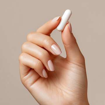 Woman's hand holding a white capsule against a neutral toned background