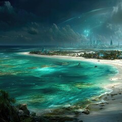 Obraz premium Futuristic coastal city at night, glowing teal waters, crescent beach, dark sky, orbiting celestial bodies