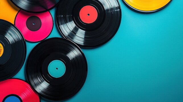 A colorful collection of vinyl records on a vibrant blue background. The record collection features a mix of vibrant colors and textures