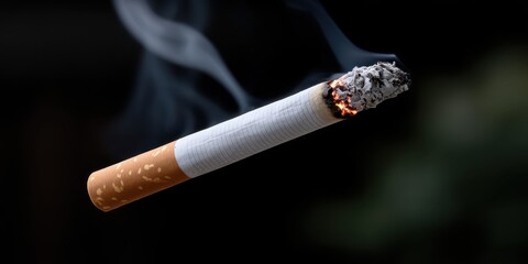 Health Risk and Addiction Concept, A single lit cigarette smoldering with smoke on a black background.