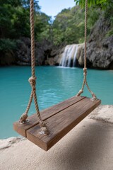 Serene Tropical Escape, An Empty Rope Swing Overlooking a Tranquil Waterfall and Turquoise Lagoon