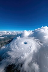 Dramatic aerial view of a massive hurricane's eye swirling over land under a clear blue sky.