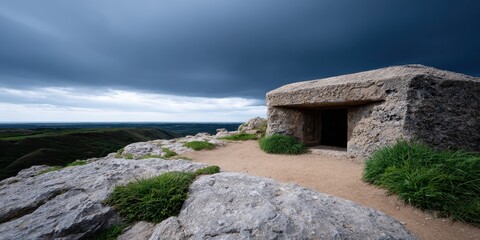 Historic military bunker on a rocky clifftop overlooking a valley under a dramatic, stormy sky.