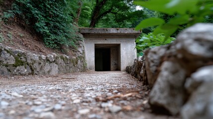 Path to the Unknown, Low Angle View of an Abandoned Concrete Bunker Entrance in a Forest