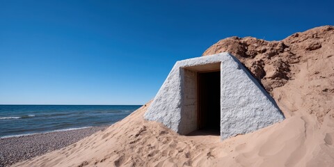 An Enigmatic White Stone Entrance Emerges from a Sand Dune by the Sea