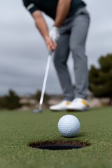 Precision in Play, Close up of a golf ball on the green, with a golfer lining up the final winning putt.