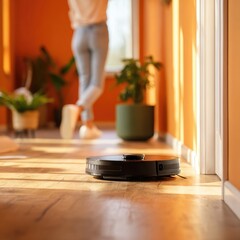 A robotic vacuum cleaner diligently cleans a hardwood floor in a sunlit hallway, with a blurred woman and potted plants in the background