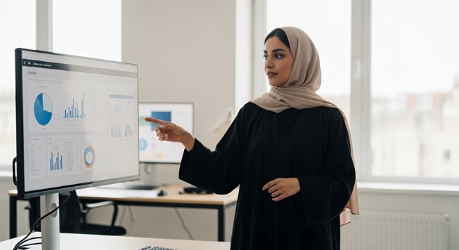 A businesswoman in a hijab confidently presents data analysis on a large computer screen in a modern . - Powered by Adobe
