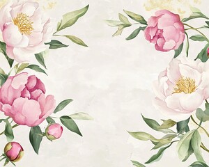 Delicate watercolor peony blooms with loose brushstrokes and gold ink embellishments are arranged in a vintage botanical border on cream paper.