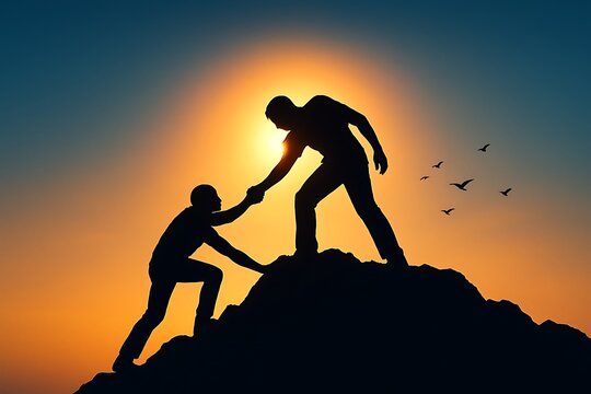 Two figures helping each other climb a rocky peak at sunrise people climbing