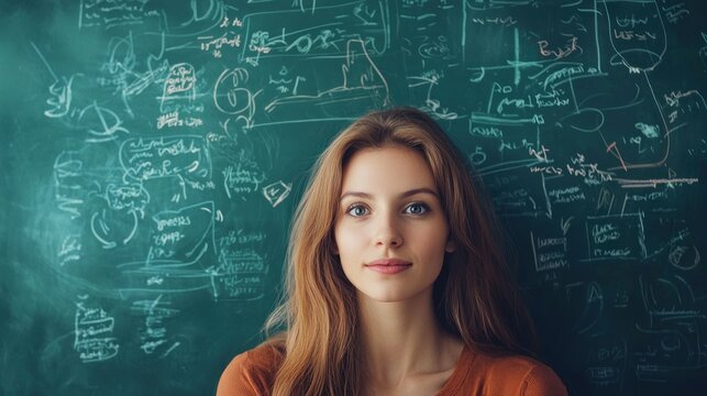 A young woman standing in front of a chalkboard with mathematical equations and formulas written on it.