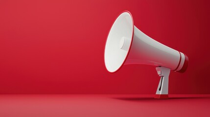 A red and white megaphone against a red background. The object concept of communication is emphasized. The megaphone is a loudspeaker used for broadcasting messages.