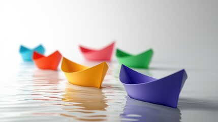 A group of colorful paper boats floating on water with reflections.